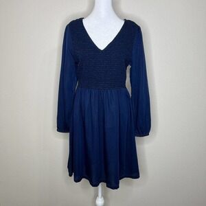 Old Navy Blue Dark Wash Lyocell Long Sleeve V-Neck Smocked Mini Dress Sz S